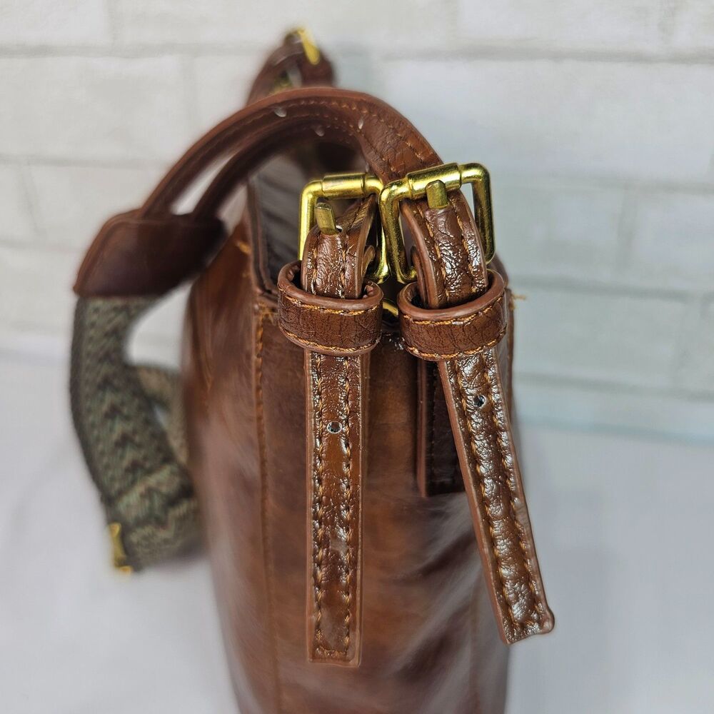 Vintage Brown Faux Leather Crossbody Bag Boho Western Wide Strap Purse - Picture 4 of 12